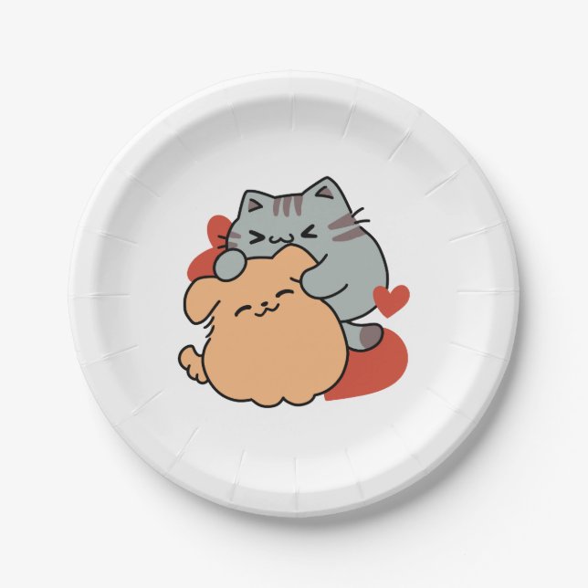 Plato De Papel Adorable Cat and Dog Hug - Diseño de Meow & Woof (Anverso)