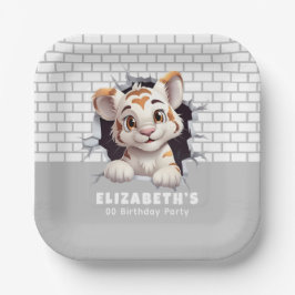 Plato De Papel Adorable Cubo De Tigre Buscando Fiesta Gris Claro