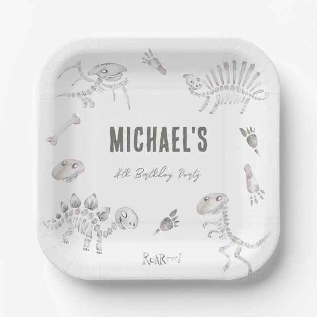 Plato De Papel Adorable Dino Dig Cumpleaños (Anverso)