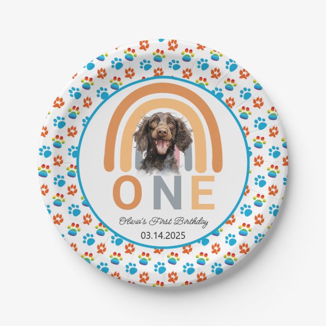 Plato De Papel Adorable Dog Arcoiris acuarela Primer Fiesta de cu (Anverso)