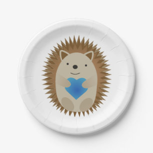 Plato De Papel Adorable erizo abrazando un corazón azul
