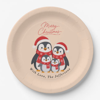 Plato De Papel Adorable Familia de Pingüinos de Navidad en Invier