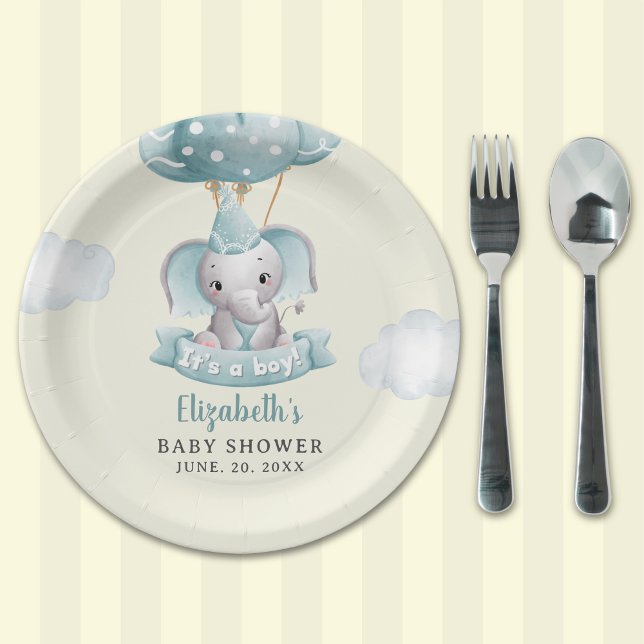 Plato De Papel Adorable Gray Elephant Baby shower Boy (Subido por el creador)
