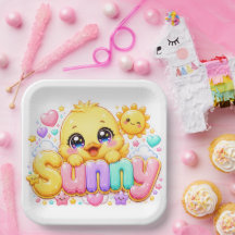 Adorable Kawaii Pollito Soleado Nombre Pastel Rosa