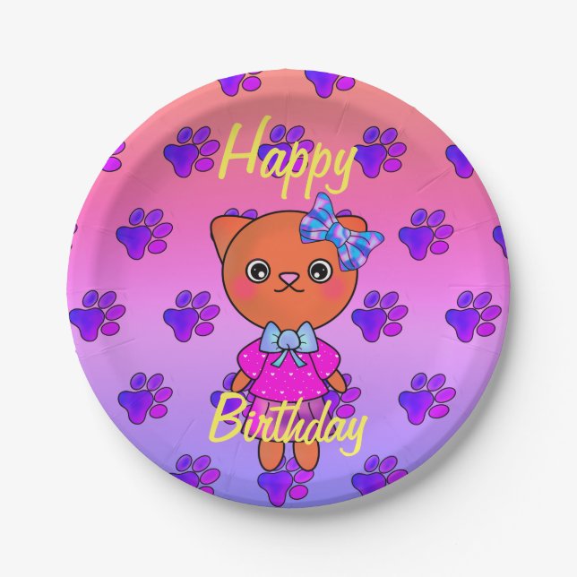 Plato De Papel Adorable Kitty Cat Birday Rainbow (Anverso)
