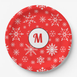 Plato De Papel Adorable monogramado patrón de copos de nieve rojo