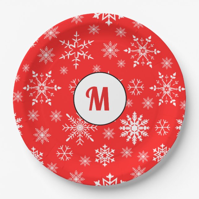 Plato De Papel Adorable monogramado patrón de copos de nieve rojo (Anverso)