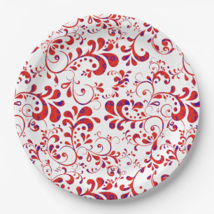 Plato De Papel Adorable patrón floral rojo blanco