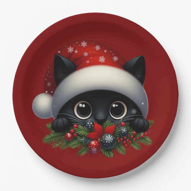 Plato De Papel Adorable Peeking Navidades Black Cat (Anverso)