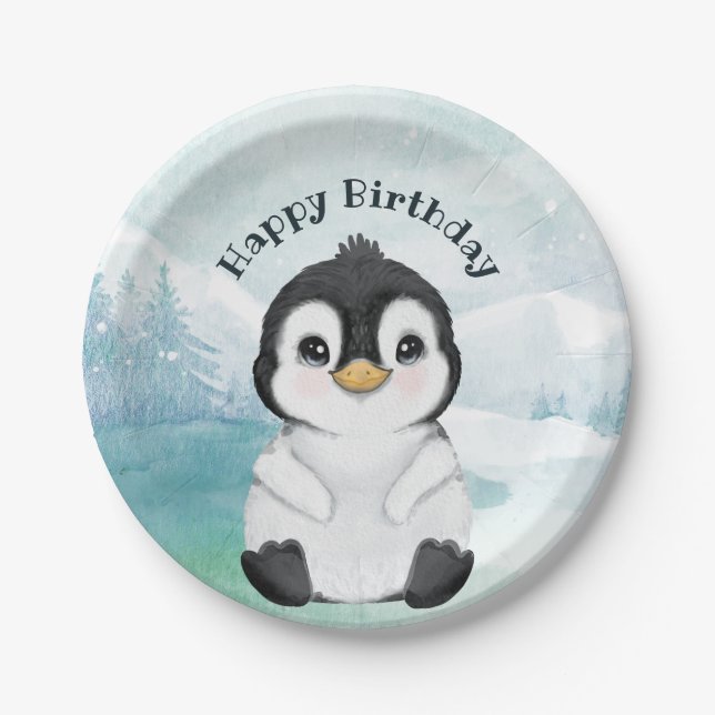 Plato De Papel Adorable Penguin Winscape Happy Birday (Anverso)