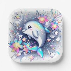 Plato De Papel Adorable Personalizado Dolphin Baby Shower
