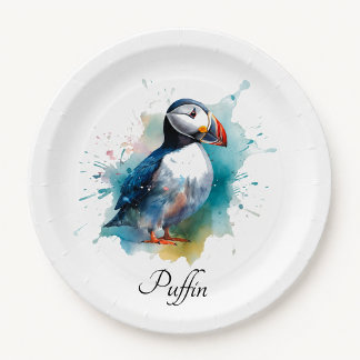 Plato De Papel Adorable Puffin Acuarela, personalizado