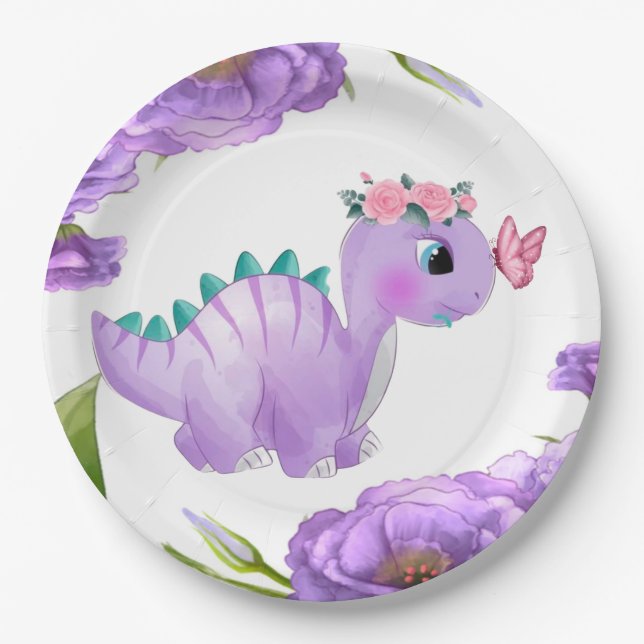 Plato De Papel Adorable Purple Dinosaur Floral Baby Shower (Anverso)