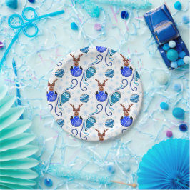 Plato De Papel Adorable Reno de Navidad Azul Festivo