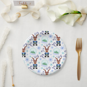 Plato De Papel Adorable Reno de Navidad Azul Festivo