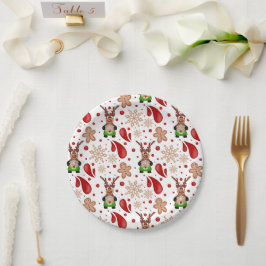 Plato De Papel Adorable Reno de Navidad Rojo Festivo