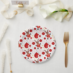 Plato De Papel Adorable Reno de Navidad Rojo Festivo