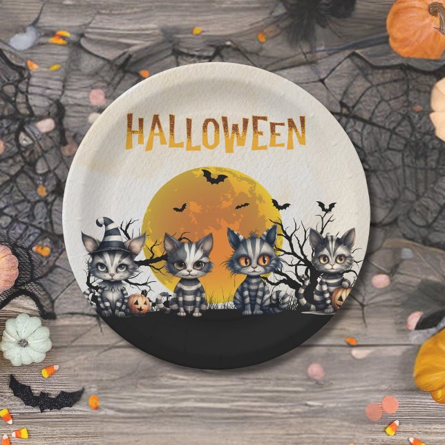 Plato De Papel Adorable Spooky Ghost Kittens Moon Halloween Party (Subido por el creador)