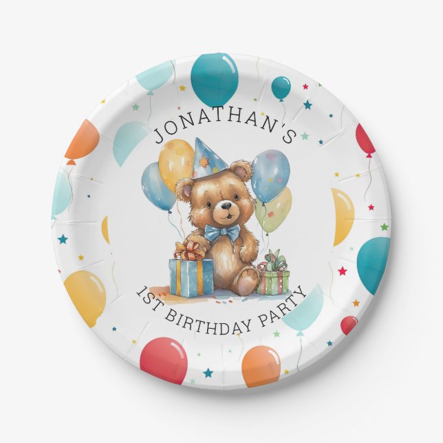 Plato De Papel Adorable Teddy Bear Primer Cumpleaños (Anverso)