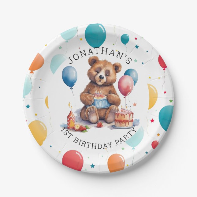 Plato De Papel Adorable Teddy Bear Primer FIESTA de Cumpleaños (Anverso)