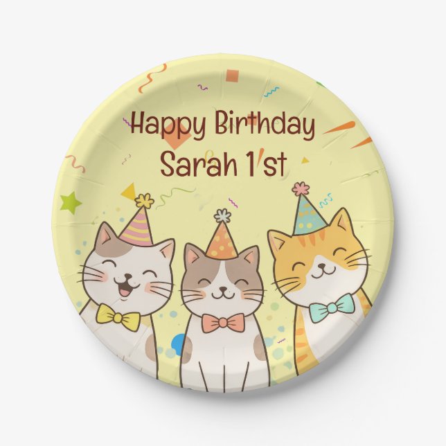 Plato De Papel Adorable Trio of Birthday Cats | Custom Name & Age (Anverso)