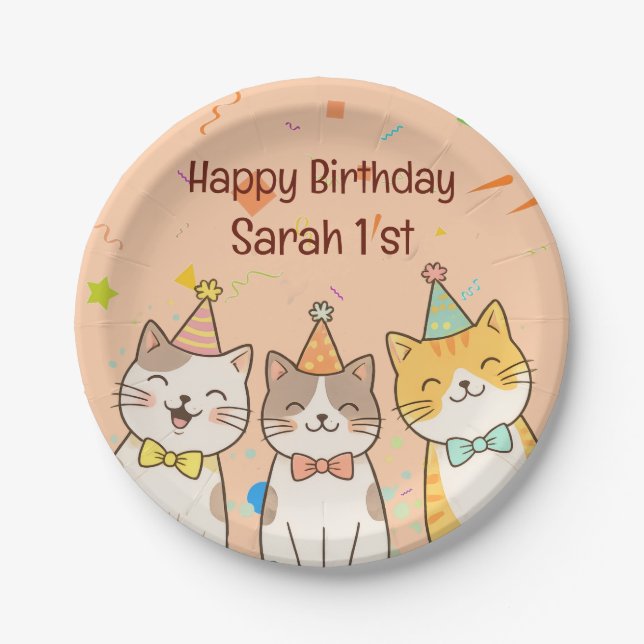 Plato De Papel Adorable Trio of Birthday Cats | Custom Name & Age (Anverso)