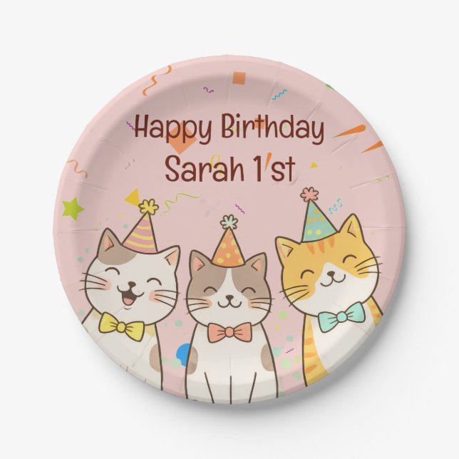 Plato De Papel Adorable Trio of Birthday Cats | Custom Name & Age (Anverso)