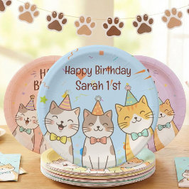 Plato De Papel Adorable Trio of Birthday Cats | Custom Name & Age