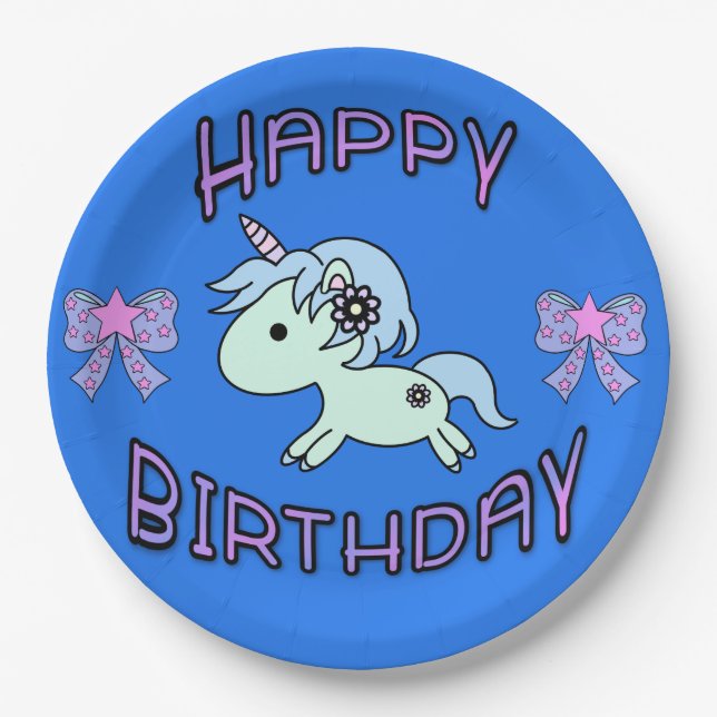 Plato De Papel Adorable Unicorn Happy Birday Ribbon Star (Anverso)