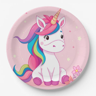 Plato De Papel Adorable Unicornio de Dibujos Animados con Melena 
