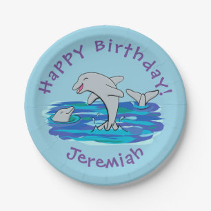 Plato De Papel Adorables delfines felices ilustracion personaliza