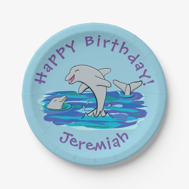 Plato De Papel Adorables delfines felices ilustracion personaliza (Anverso)