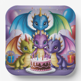 Plato De Papel Adorables dragones arcoiris