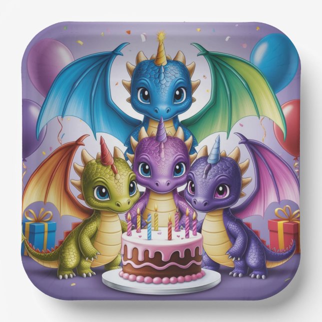 Plato De Papel Adorables dragones arcoiris (Anverso)