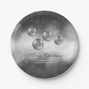Plato De Papel Adornos Navideños Gris Plata Con Texto Personaliza
