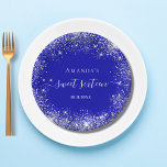 Plato De Papel Adulto 16 monograma de purpurina de plata azul rea<br><div class="desc">Para una fiesta glamorosa y glamorosa de dulces 16,  16 cumpleaños. Un fondo azul real con un elegante polvo de plata falsa. Personalice y agregue un nombre y una edad de 21 años. Letras blancas. Sweet dieciséis está escrito con un guión moderno con letras a mano con toques.</div>
