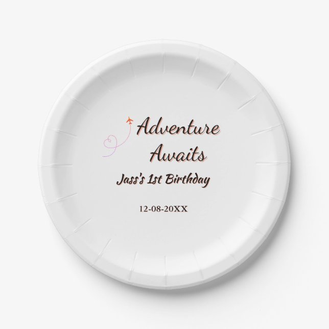 Plato De Papel Adventure awaits 1st birthday name date planeretro (Anverso)