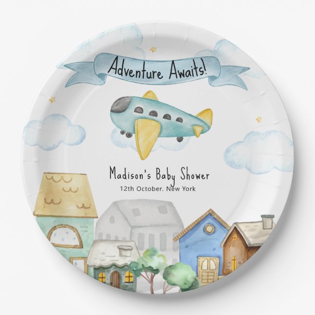 Plato De Papel Adventure Awaits Aviator Airplane Baby Shower  (Anverso)