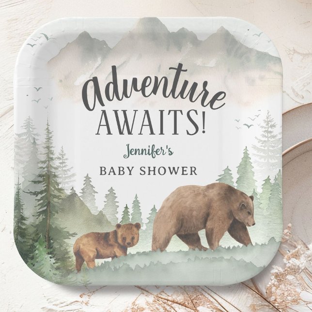 Plato De Papel Adventure Awaits Baby Shower Woodland Forest Bear (Subido por el creador)
