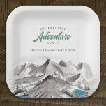 Plato De Papel Adventure Awaits Couples Baby Shower Mountains<br><div class="desc">Este plato de papel de ducha para bebés en pareja ofrece un ambiente rústico de aventura montañosa con un paisaje acuático natural de montañas,  estanques y pinos. Esto es perfecto para un evento al aire libre.</div>