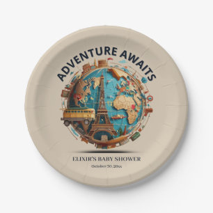 Plato De Papel Adventure Awaits Modern Globe Baby Shower