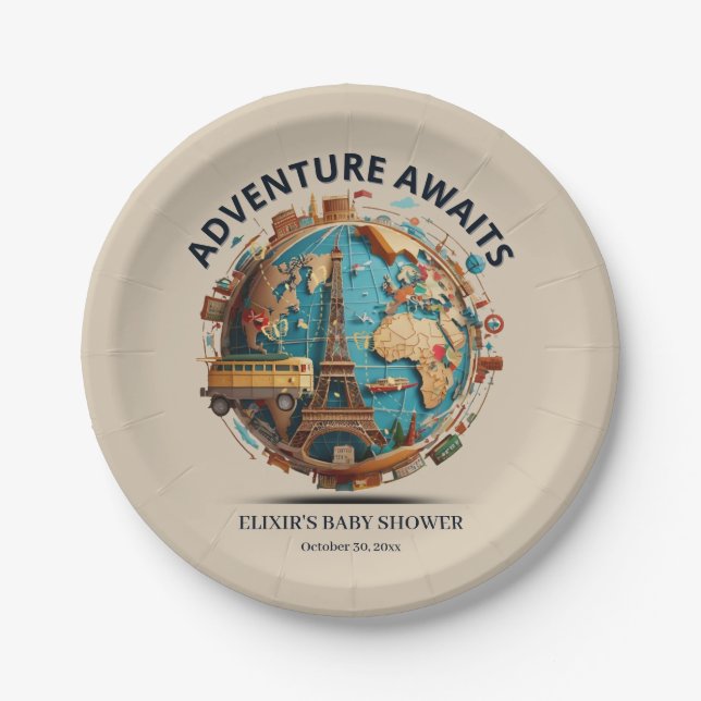 Plato De Papel Adventure Awaits Modern Globe Baby Shower (Anverso)