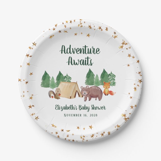 Plato De Papel Adventure Awaits Woodland Animals Baby Shower (Anverso)