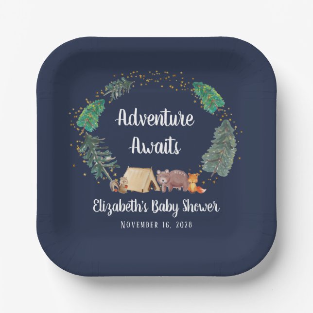 Plato De Papel Adventure Awaits Woodland Animals Baby Shower (Anverso)
