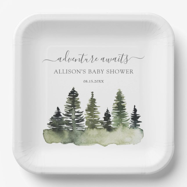 Plato De Papel Adventure Awaits Woodland Baby Shower (Anverso)