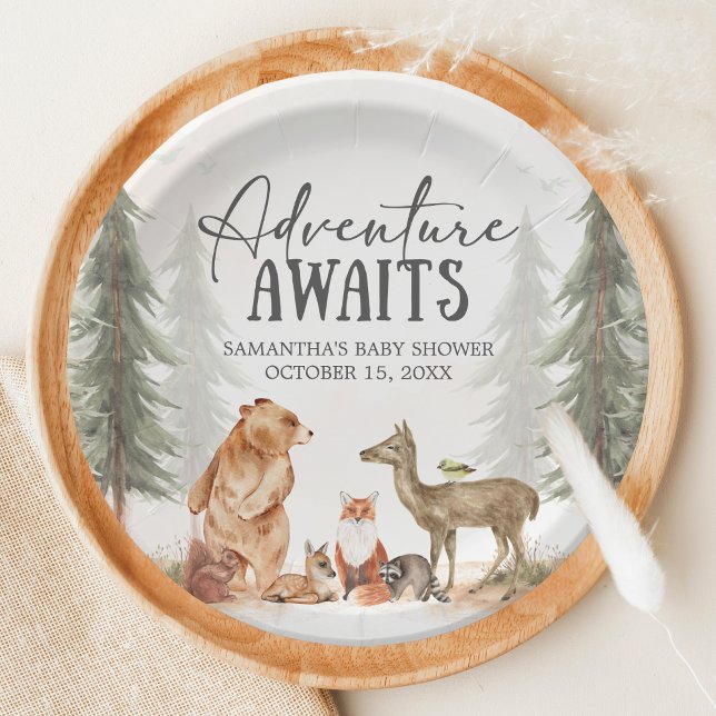 Plato De Papel Adventure Awaits Woodland Baby Shower (Woodland Baby Shower Paper Plate)