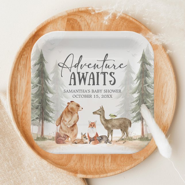Plato De Papel Adventure Awaits Woodland Baby Shower (Woodland Baby Shower Paper Plate)