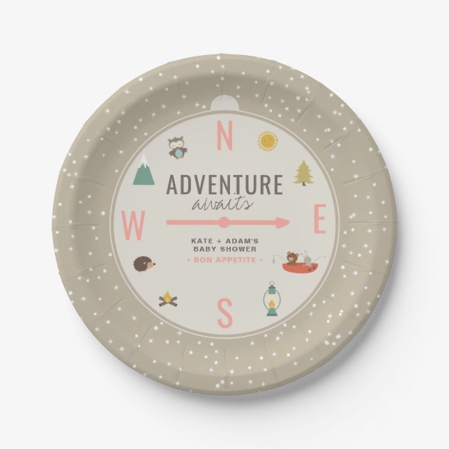 Plato De Papel Adventure Awaits Woodland Chica Baby Shower (Anverso)