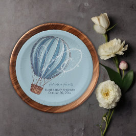 Plato De Papel Adventure Awath Blue Hot Air Balloon Baby Shower