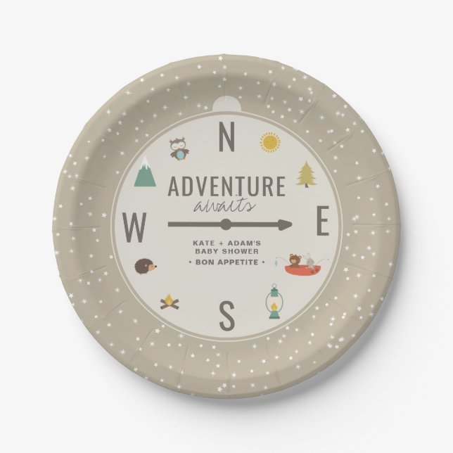 Plato De Papel Adventure Awath Woodland Neutral Baby Shower (Anverso)